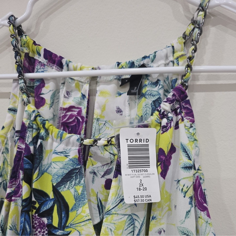 Torrid Floral Georgette Cold Shoulder Chain Strap Blouse Purple White Size 2 2X - Picture 2 of 7